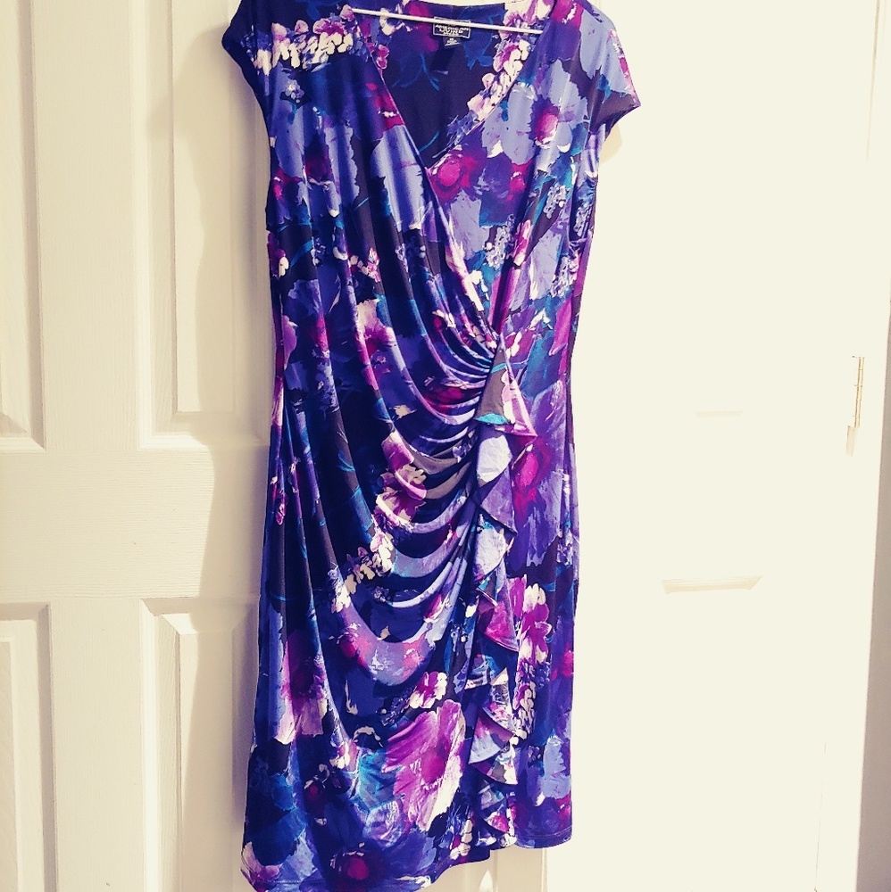 Stretchy Purple Floral Ruche Dress